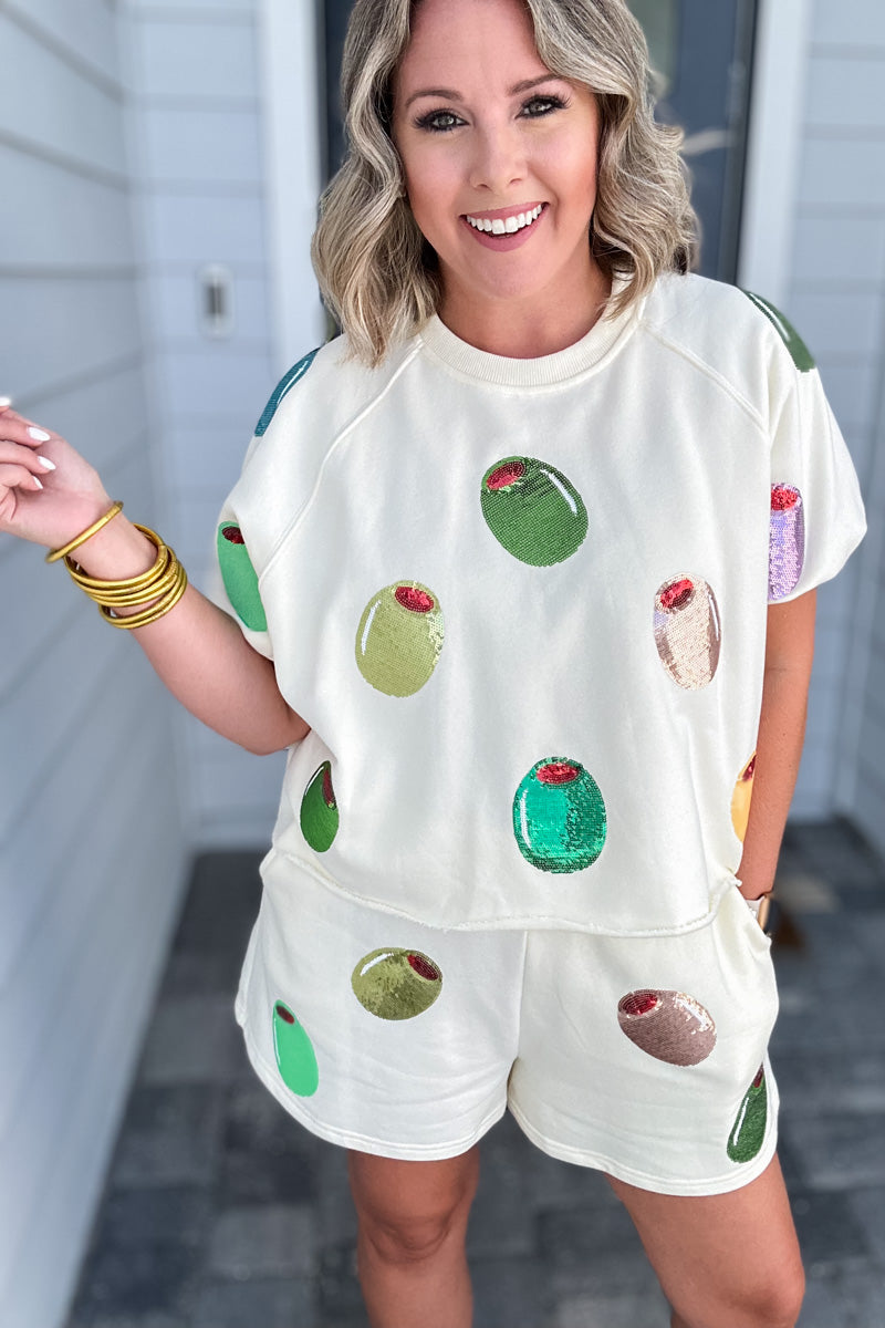 Queen Of Sparkles: Ivory Multi Olive Short Sleeve Top - B Social Boutique