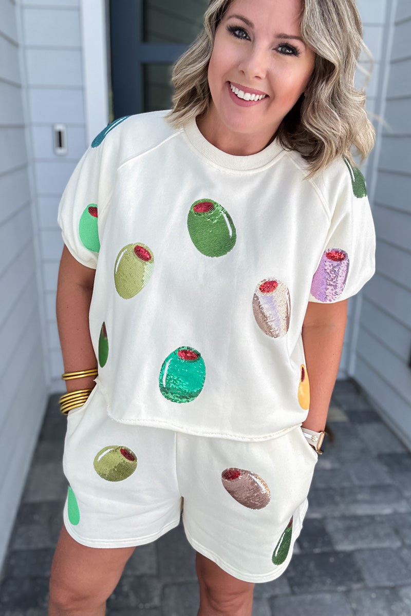Queen Of Sparkles: Ivory Multi Olive Short Sleeve Top - B Social Boutique