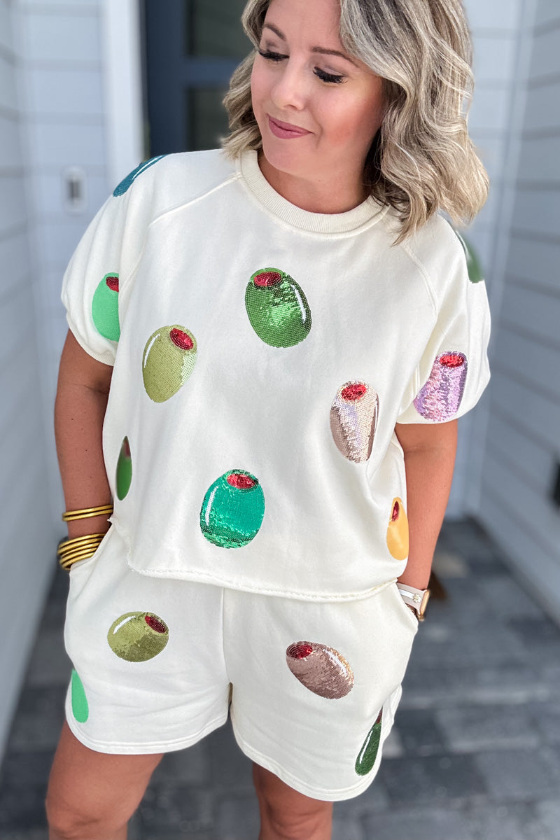 Queen Of Sparkles: Ivory Multi Olive Short Sleeve Top - B Social Boutique