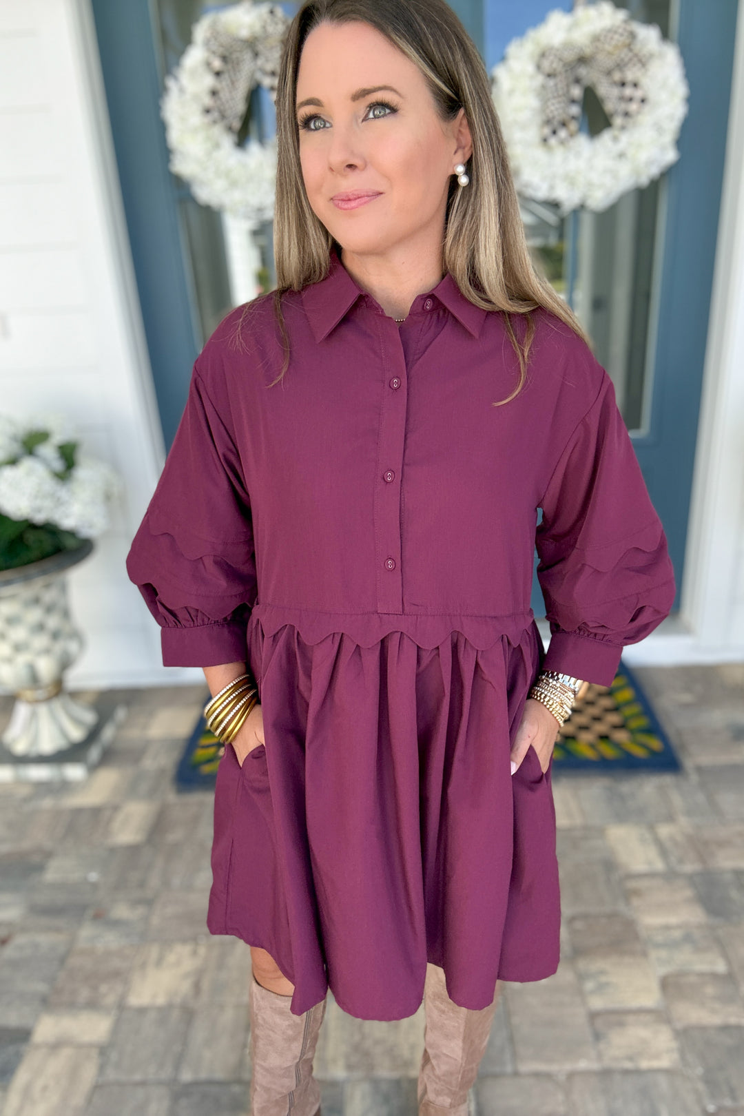 Plum It Goes Scallop Dress
