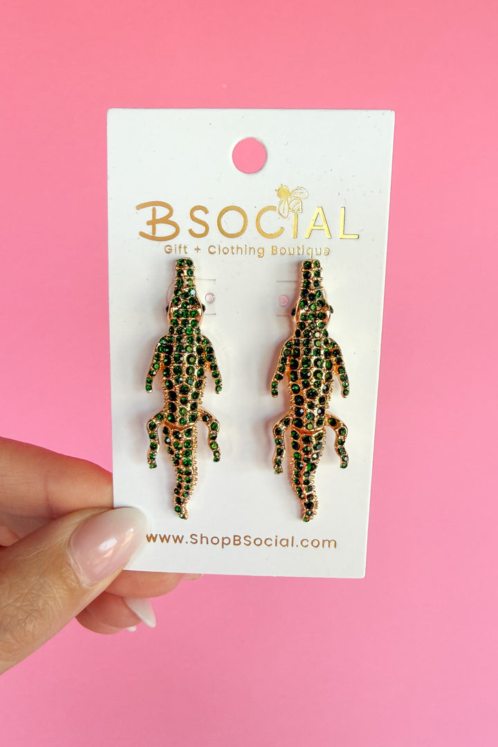Green Rhinestone + Gold Gator Dangle Earring