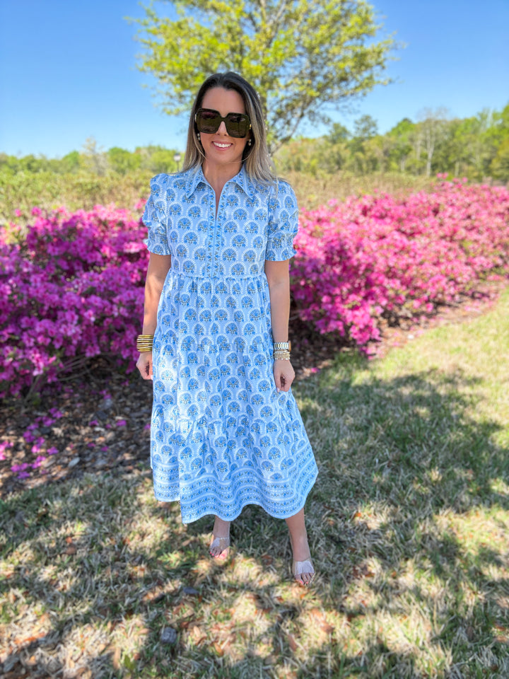 Mary Square: Molly Midi Dress- Sunshower Flora Blue