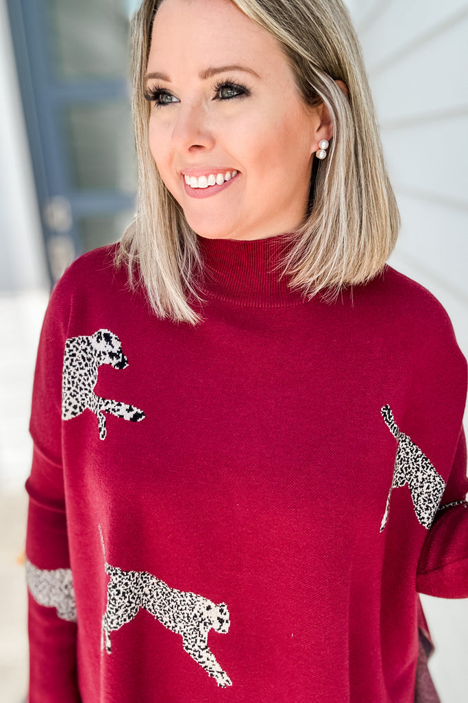 Miss Leopard Mock Neck Sweater- Burgundy