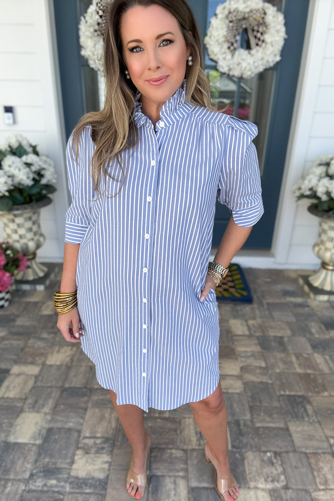 Callie Ruffle Button Front Dress - Navy Stripe
