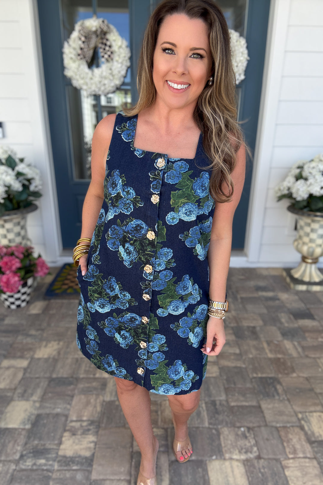 Chic Floral Button Front Denim Dress