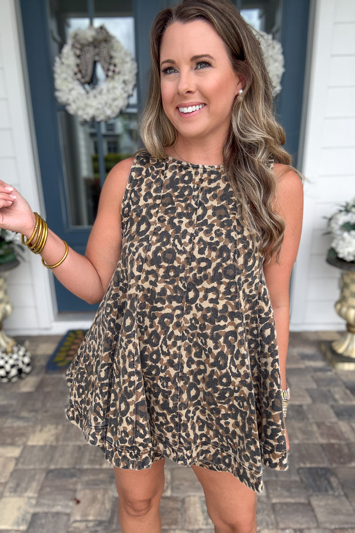 City Girl Sleeveless Flared Leopard Denim Top