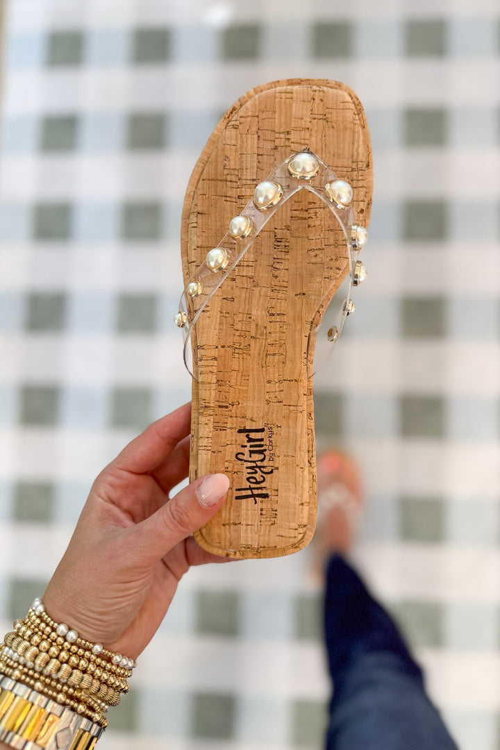 Corky's: Jump In Flip Flop - Clear + Pearl Embellishment