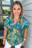 Tropical Cheetah V-Neck Blouse - Teal