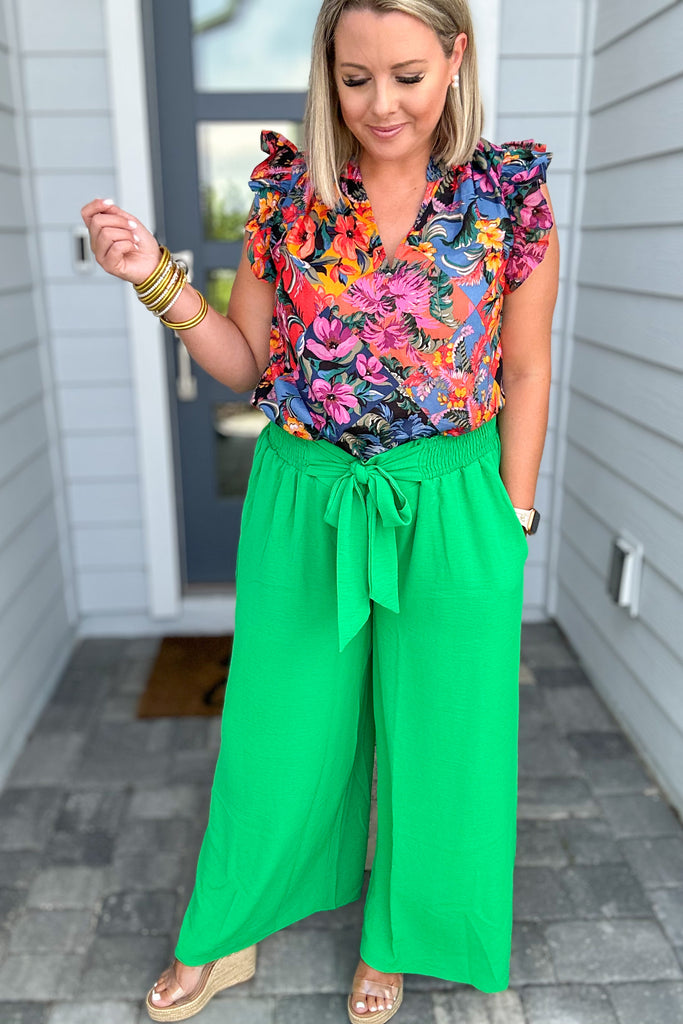 Solid Smocked Waist Wide Pants - Kelly Green