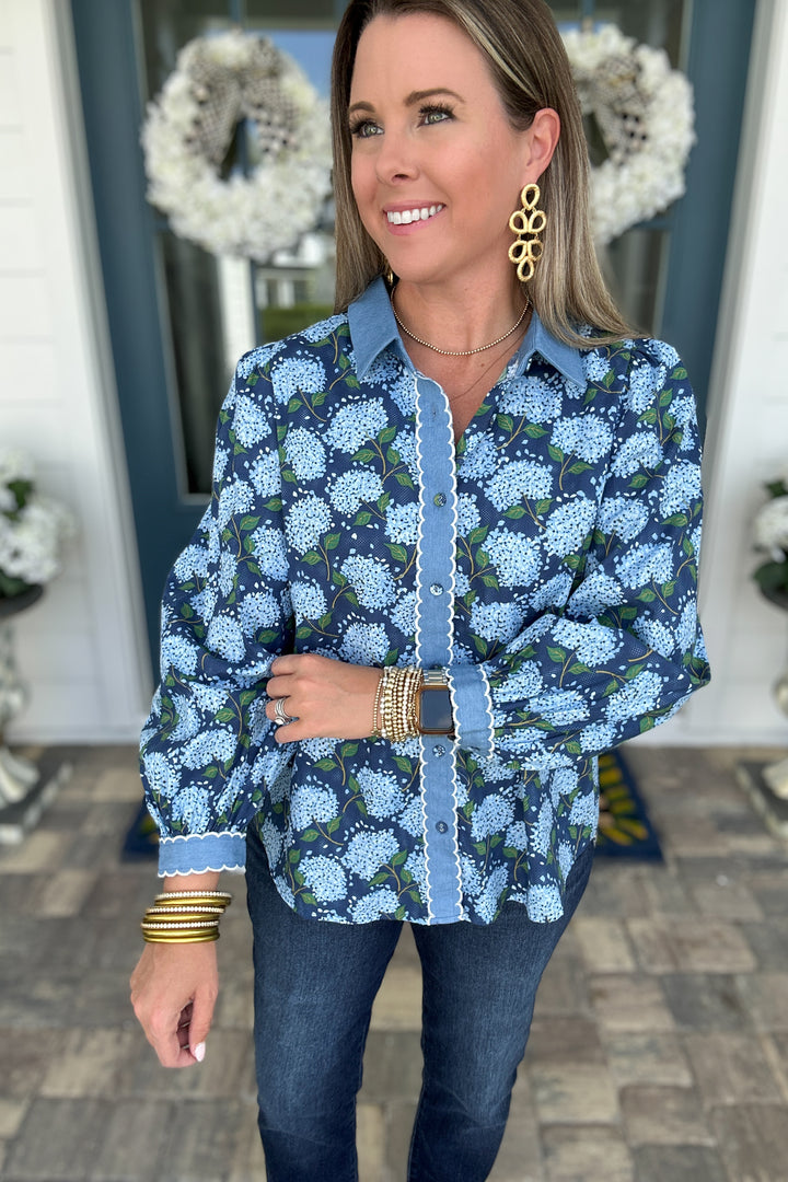 Embroidered Scallop Edge Floral Top - Navy