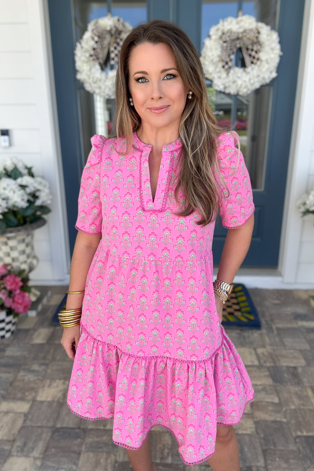 Mary Square: Adelyn Dress Deco Lilies Fuchsia