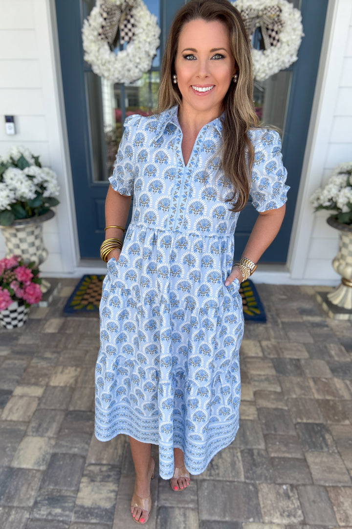 Mary Square: Molly Midi Dress- Sunshower Flora Blue