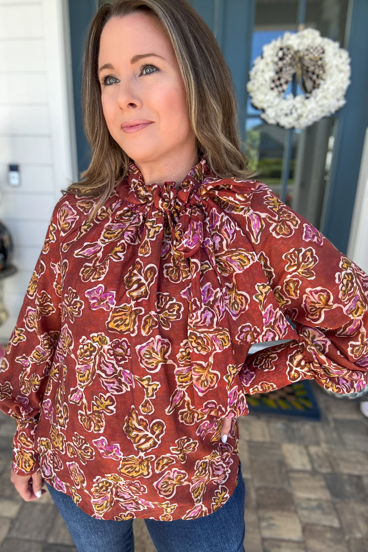 Falling for Florals Tie-Neck Blouse - Burgundy