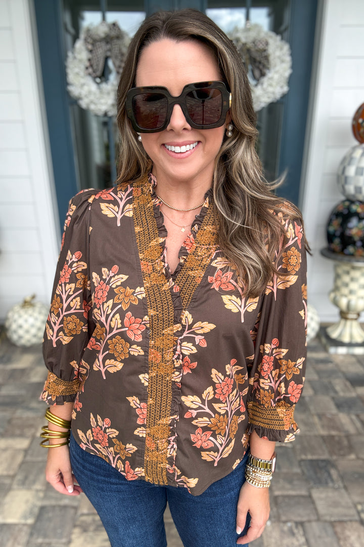Autumn Blooms Floral Smocked Blouse - Chocolate