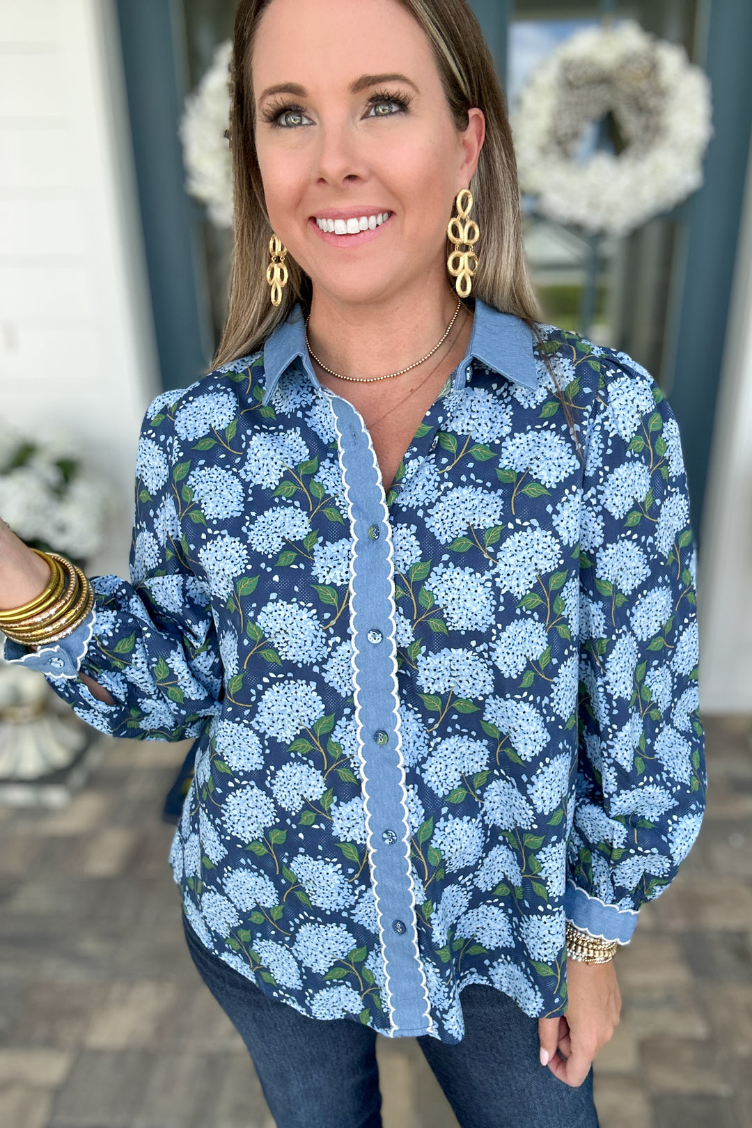 Embroidered Scallop Edge Floral Top - Navy