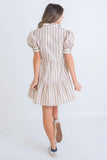 Karlie: Stripe Poplin Puff Sleeve Dress - Kahki