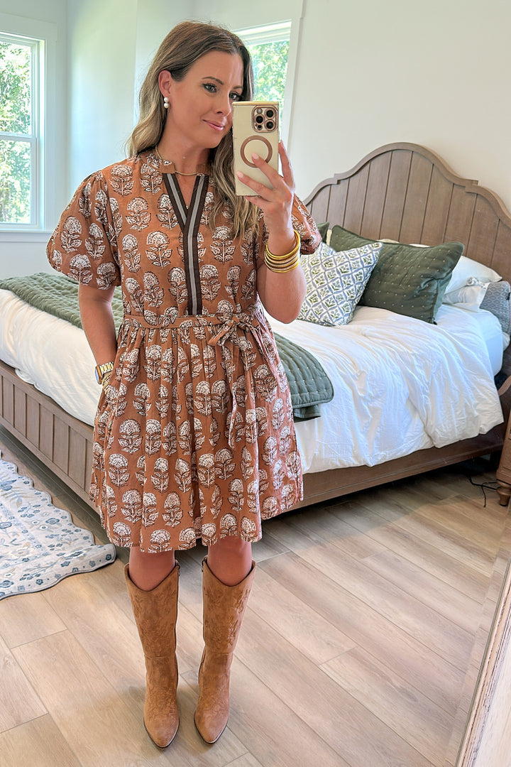 THML: Autumn Block Print Dress - Brown
