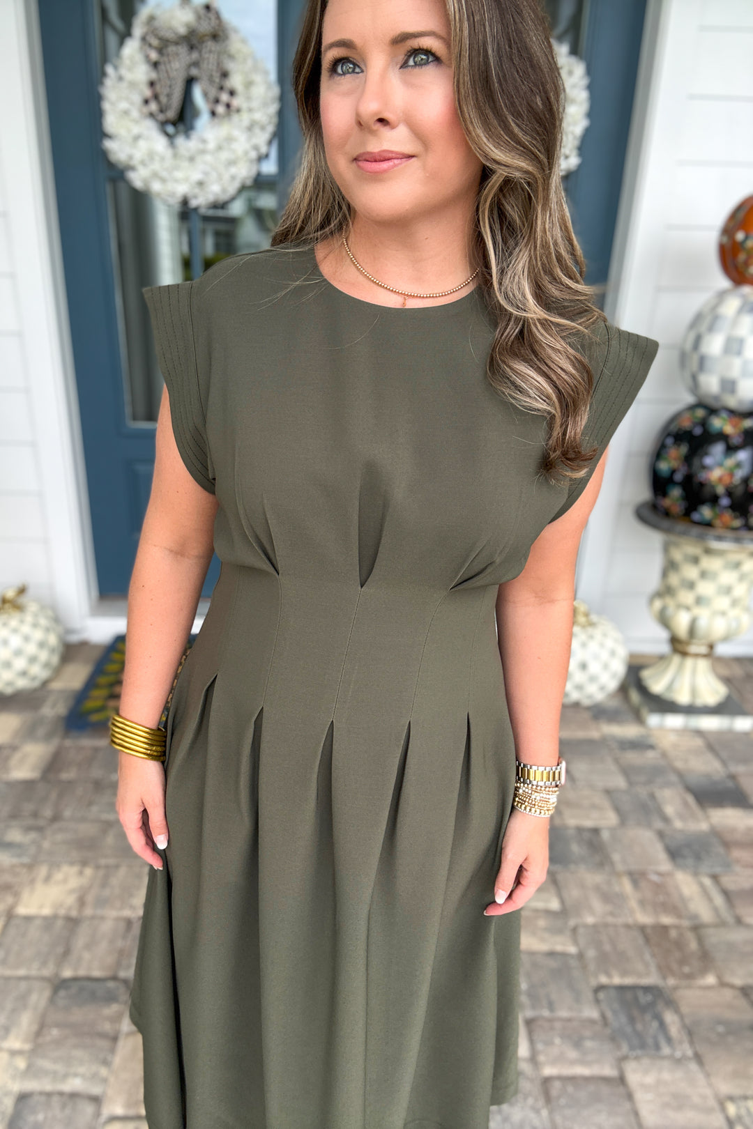 Avenue Pleated Midi Dress - Olive