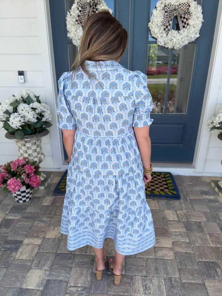 Mary Square: Molly Midi Dress- Sunshower Flora Blue