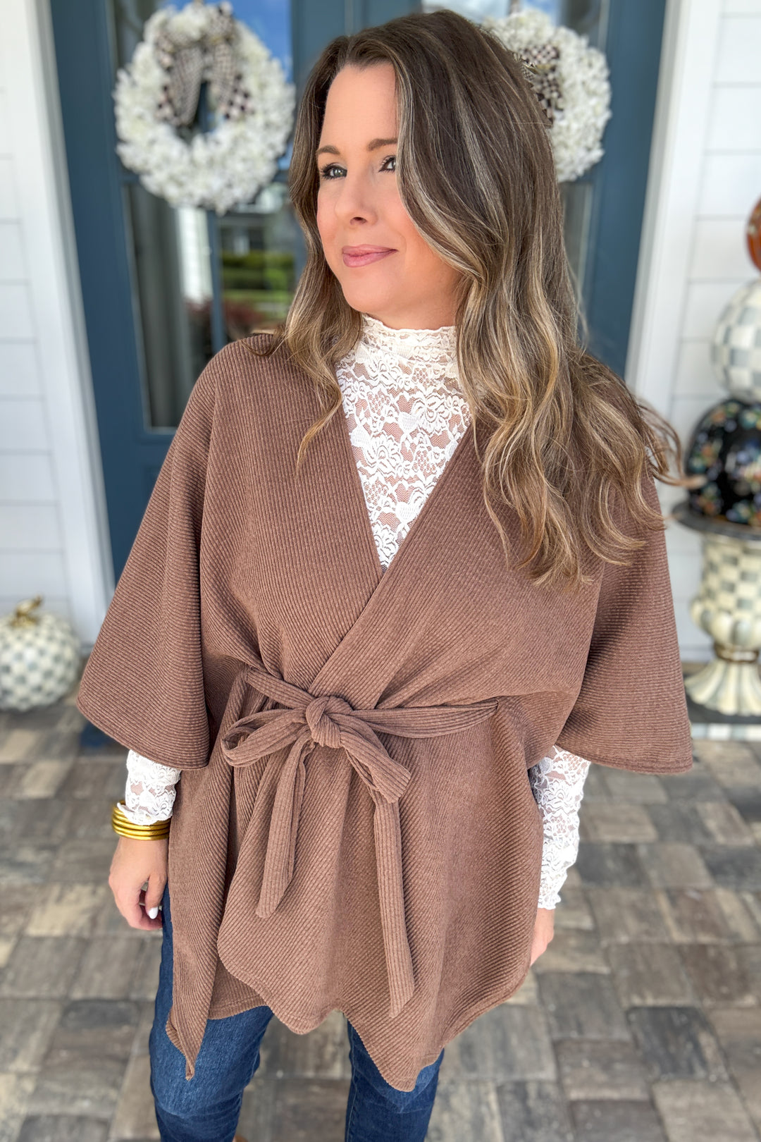 Cozy in Cocoa Tie-Front Knit Poncho - Mocha