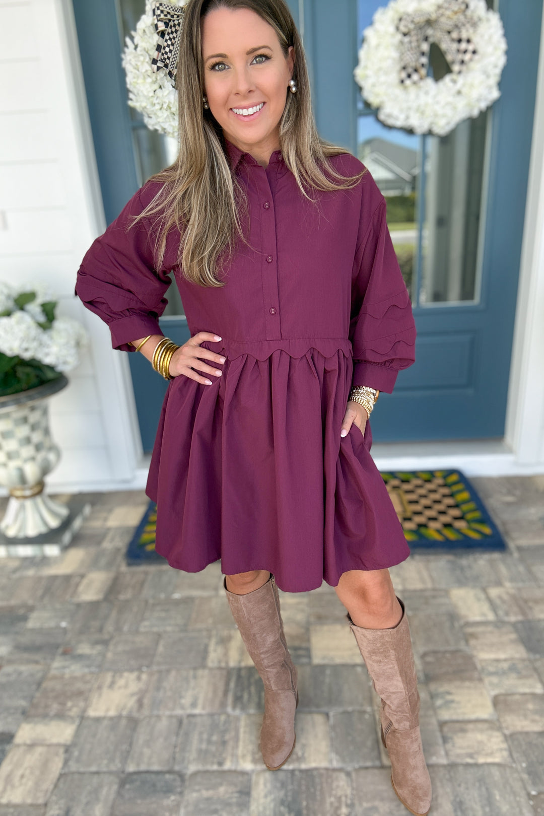 Plum It Goes Scallop Dress