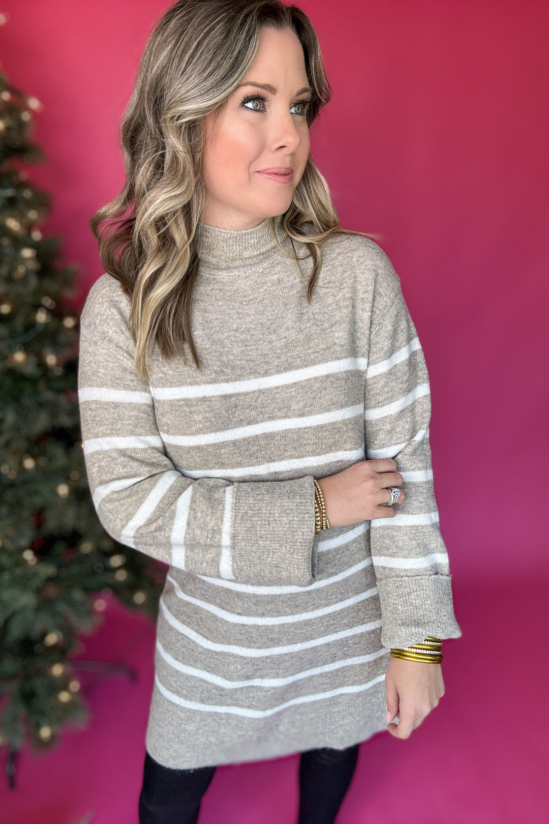 Z Supply: Fin Stripe Sweater Dress- Heather Taupe Z Supply: Fin Stripe Sweater Dress- Heather Taupe