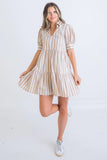 Karlie: Stripe Poplin Puff Sleeve Dress - Kahki