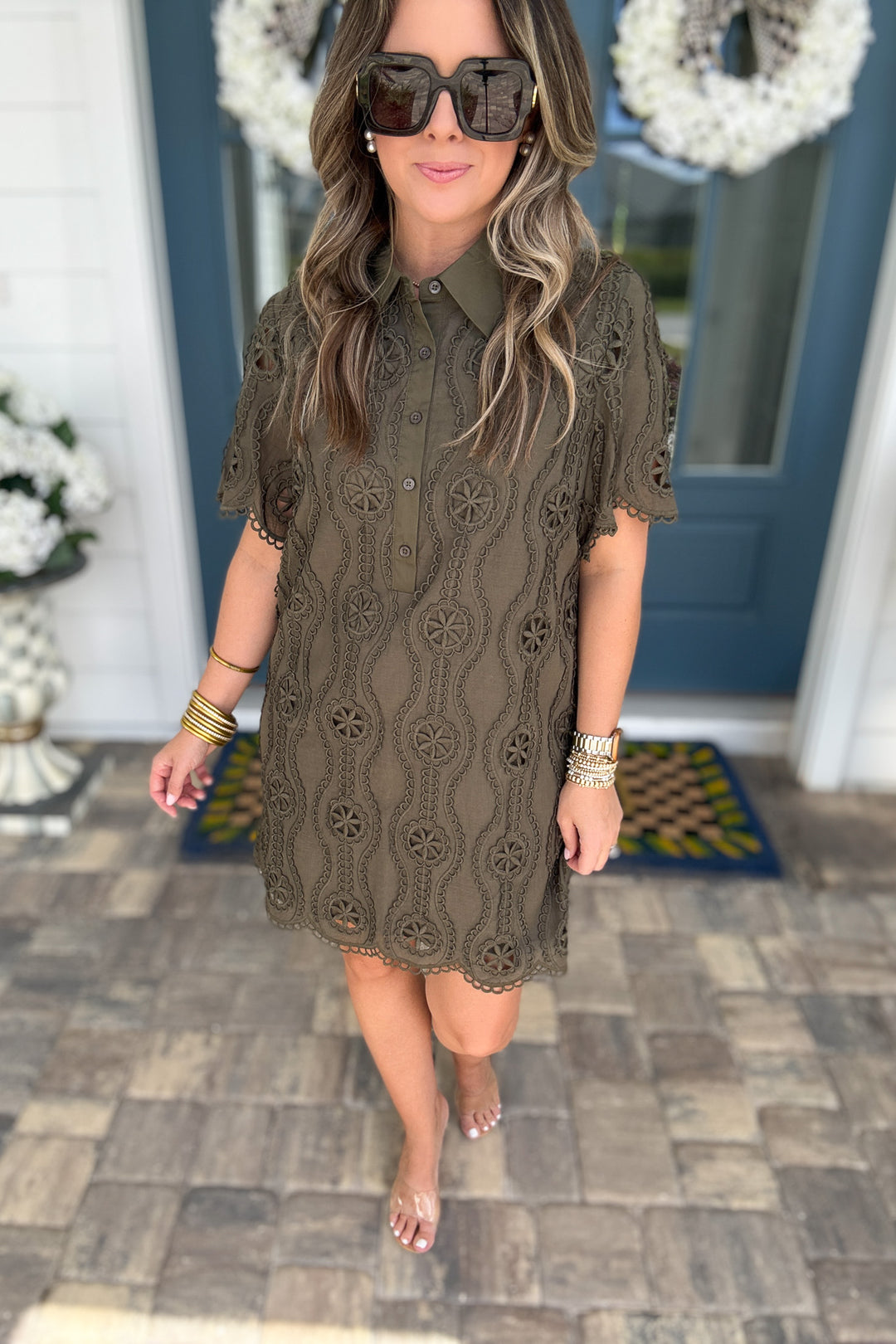 English Factory: Scallop Embroidered Shirt Dress - Olive