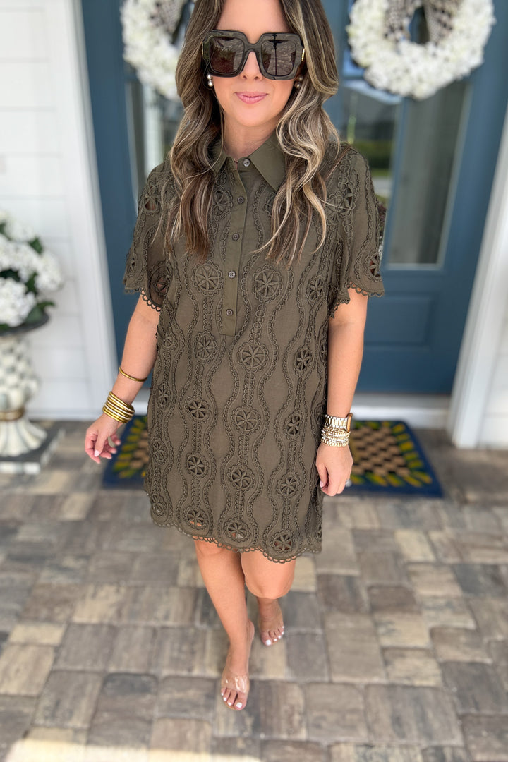 English Factory: Scallop Embroidered Shirt Dress - Olive