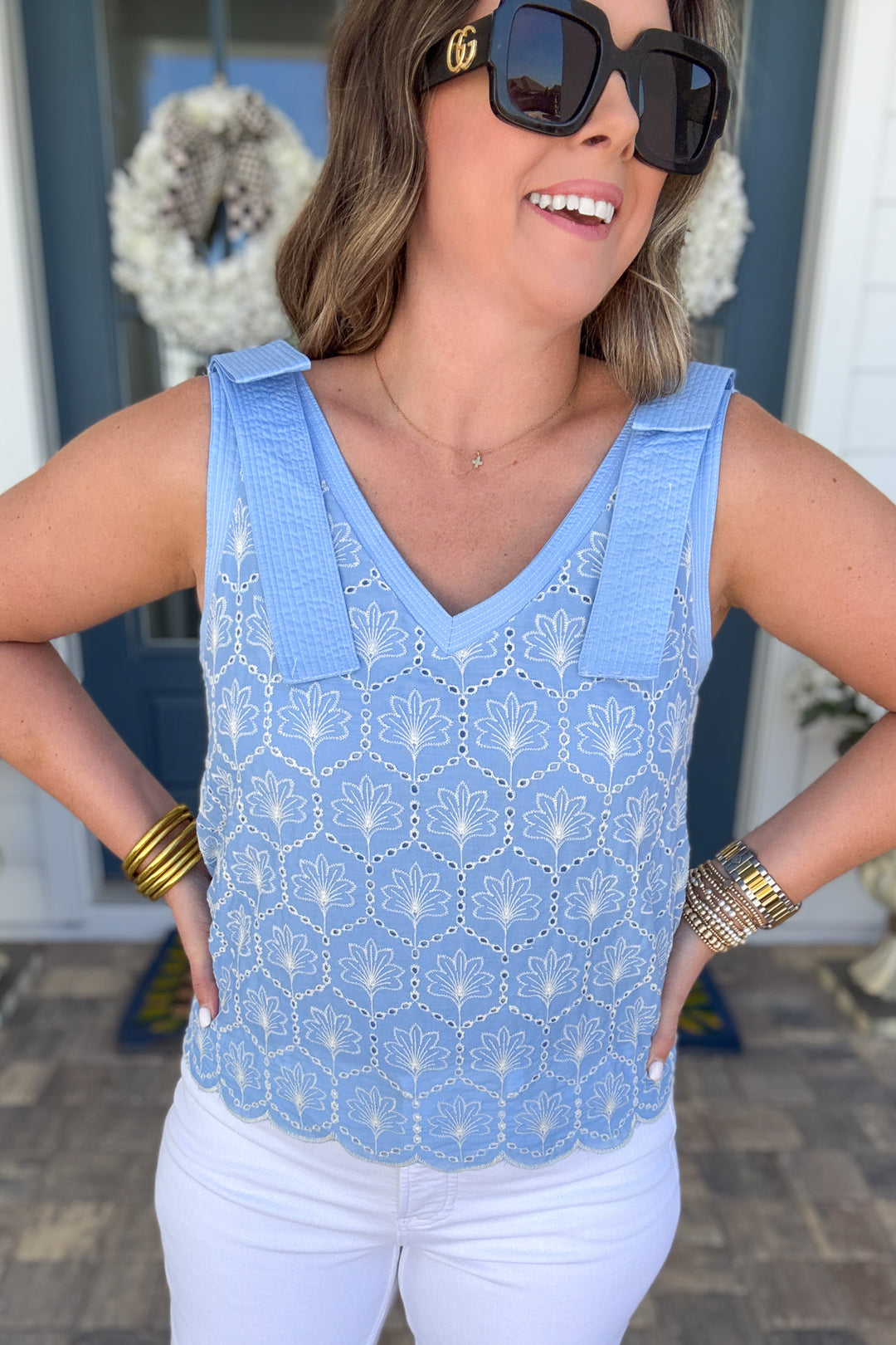 Eyelet Bow Strap V Neck Tank - Light Blue