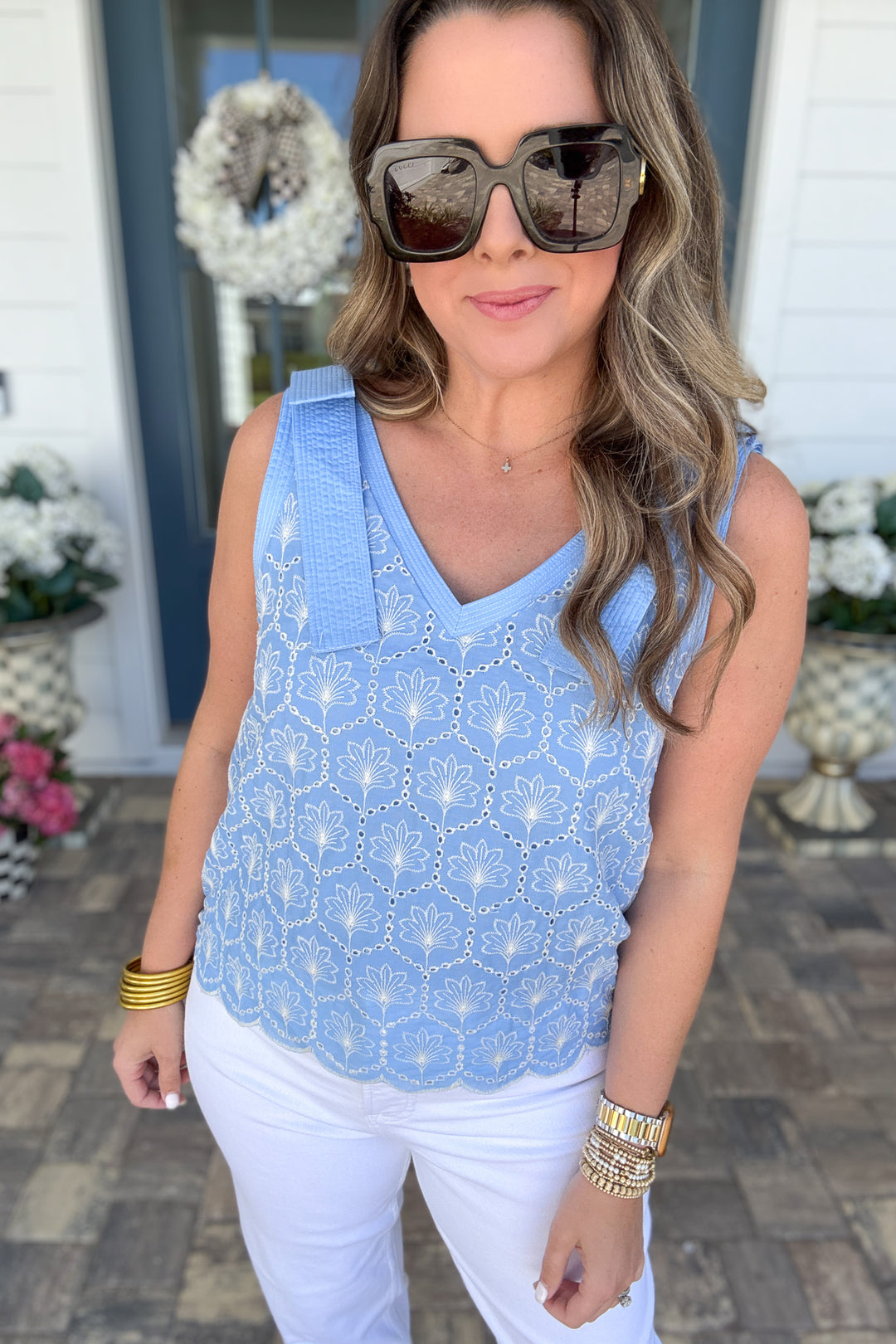 Eyelet Bow Strap V Neck Tank - Light Blue