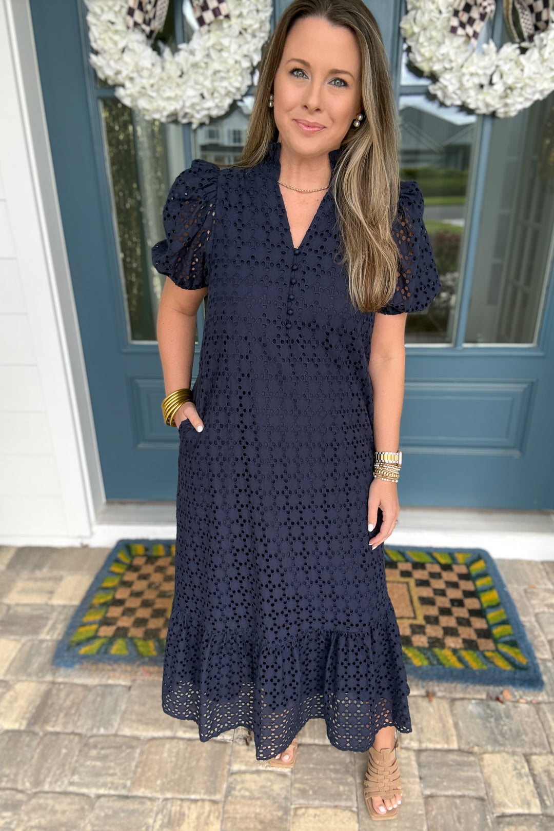 Eyelet Midi Dress - Navy