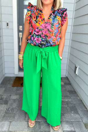 Solid Smocked Waist Wide Pants - Kelly Green
