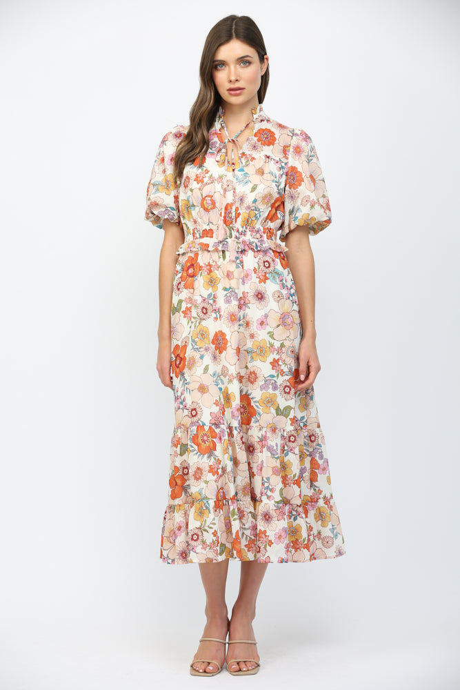 Fate: High Neck Short Puff Sleeve Tiered Maxi Dress Cream Multi - B Social Boutique