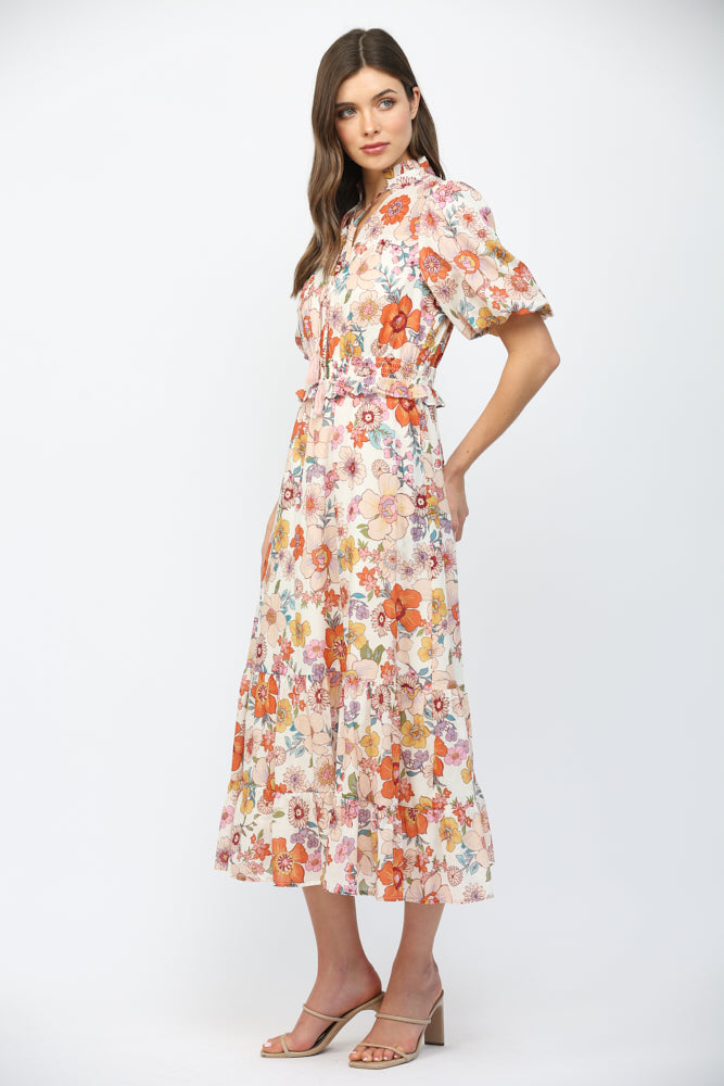Fate: High Neck Short Puff Sleeve Tiered Maxi Dress Cream Multi - B Social Boutique