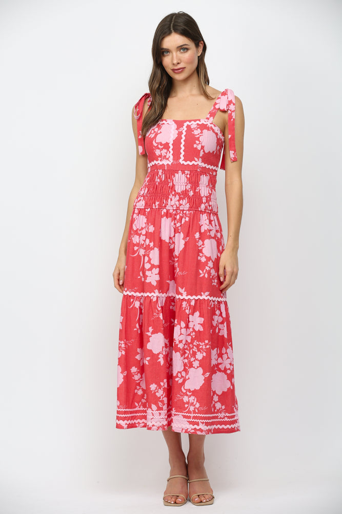 Fate: Self Tie Should Strap Maxi Dress with Ric-Rac Trim Red/Pink - B Social Boutique