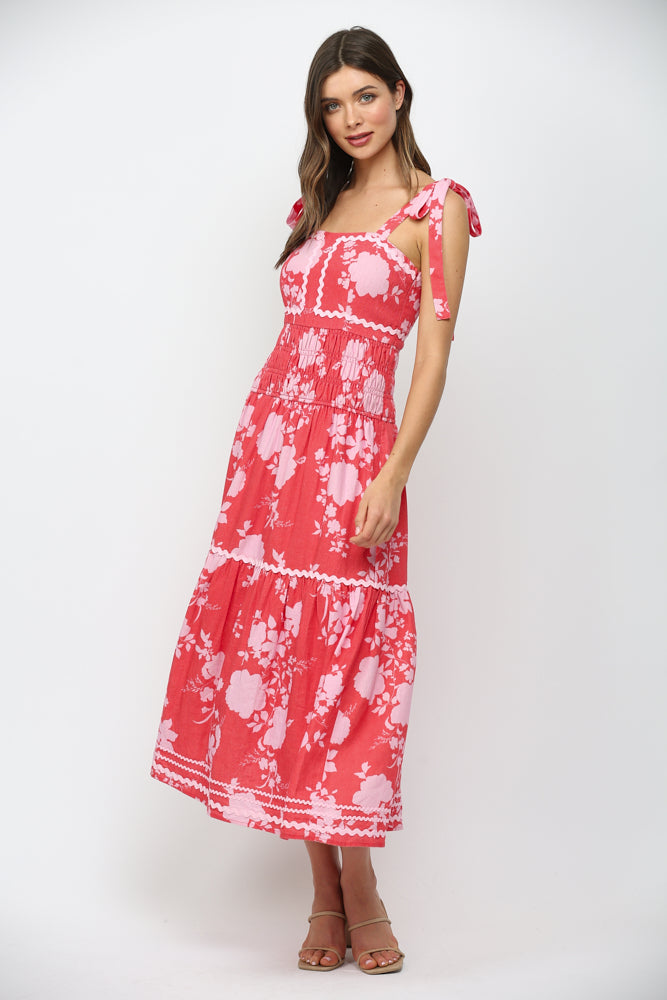 Fate: Self Tie Should Strap Maxi Dress with Ric-Rac Trim Red/Pink - B Social Boutique