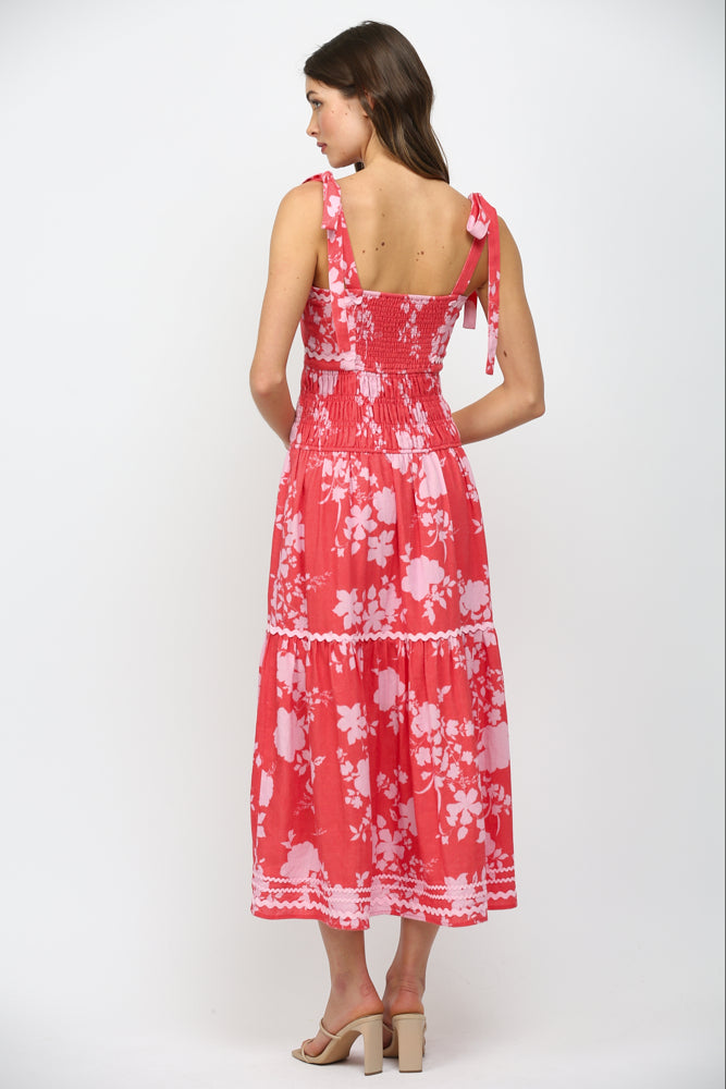 Fate: Self Tie Should Strap Maxi Dress with Ric-Rac Trim Red/Pink - B Social Boutique