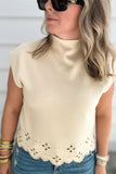 Scallop Mock Neck Short Sleeve Sweater - Ecru