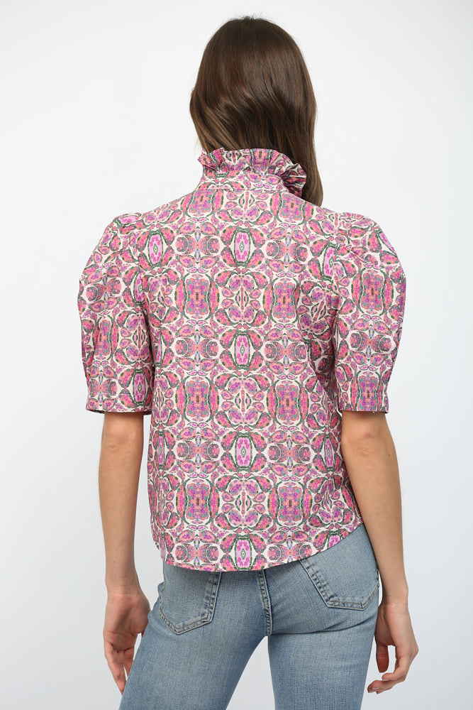 Think Pink Puff Short Sleeve Ruffle Neck Blouse - B Social Boutique