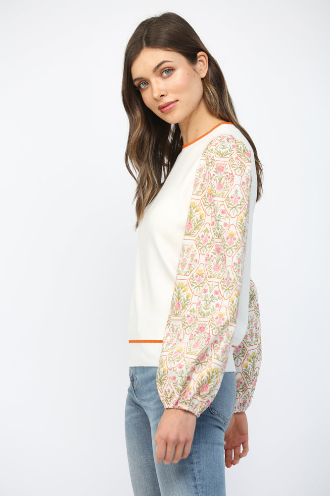 Fate: Contrast Botanical Print Puff Sleeve Crew Neck Sweater Cream - B Social Boutique
