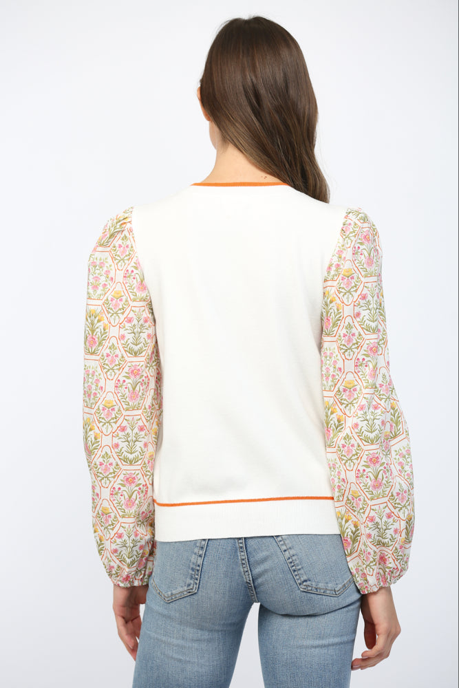 Fate: Contrast Botanical Print Puff Sleeve Crew Neck Sweater Cream - B Social Boutique