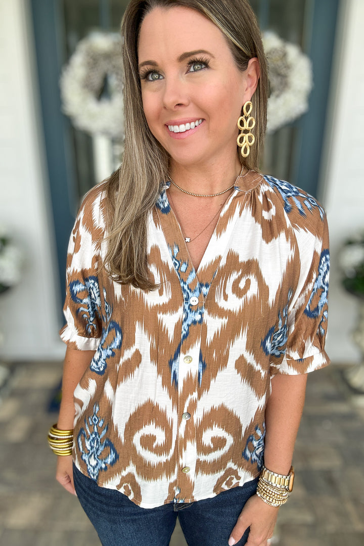 THML: Fall Breeze Ikat Blouse - Brown