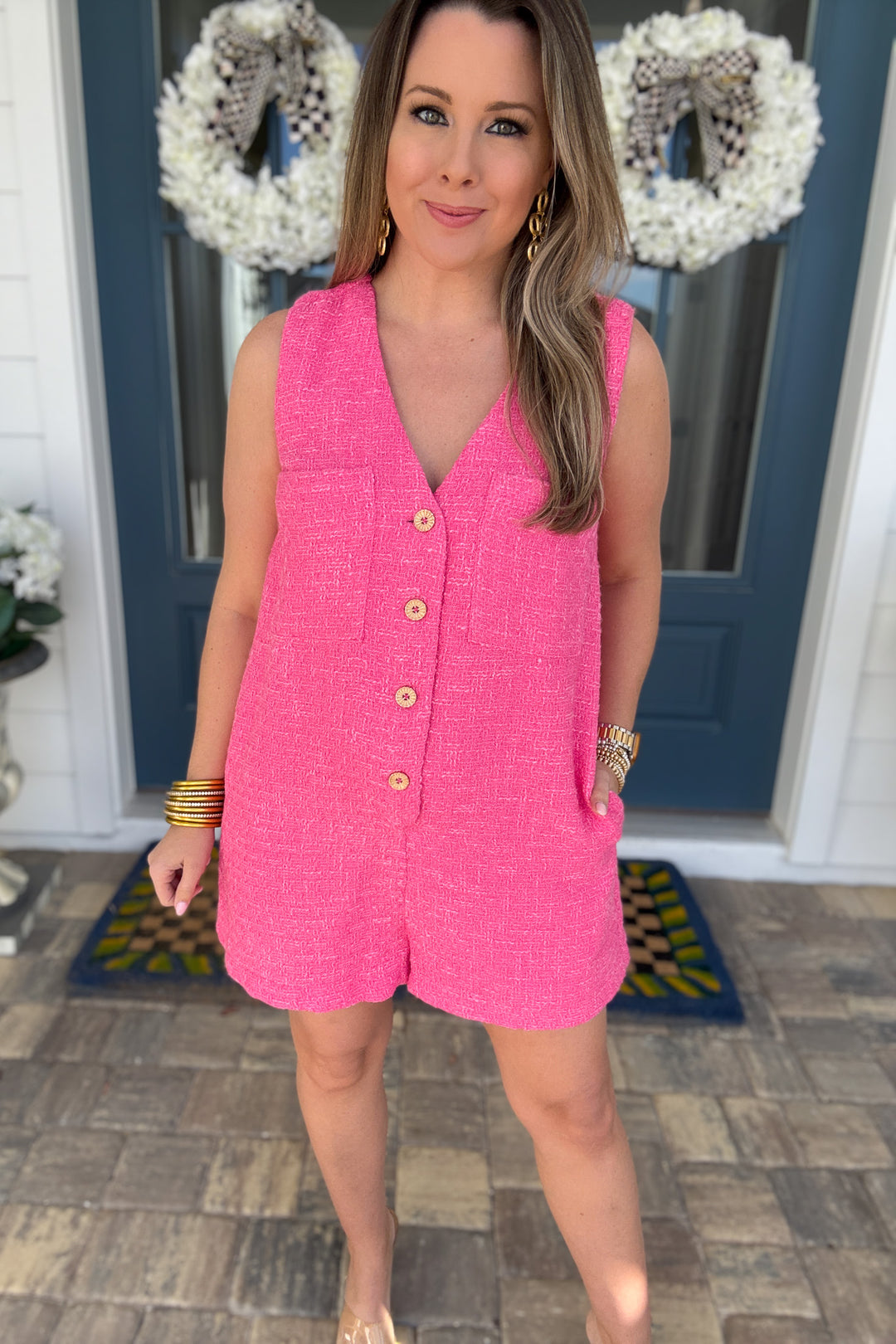 Pink Tweed Button Front Romper