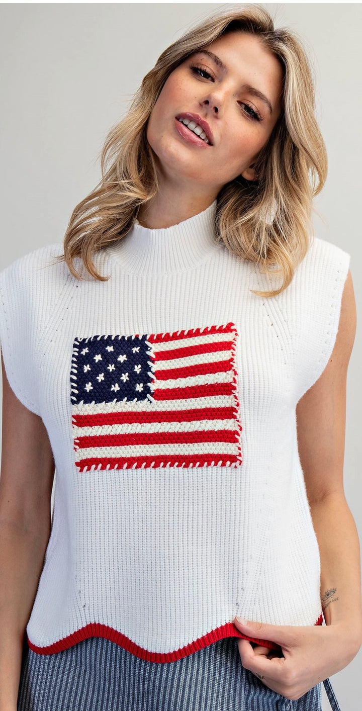 American Flag Scalloped Hem Knit Top
