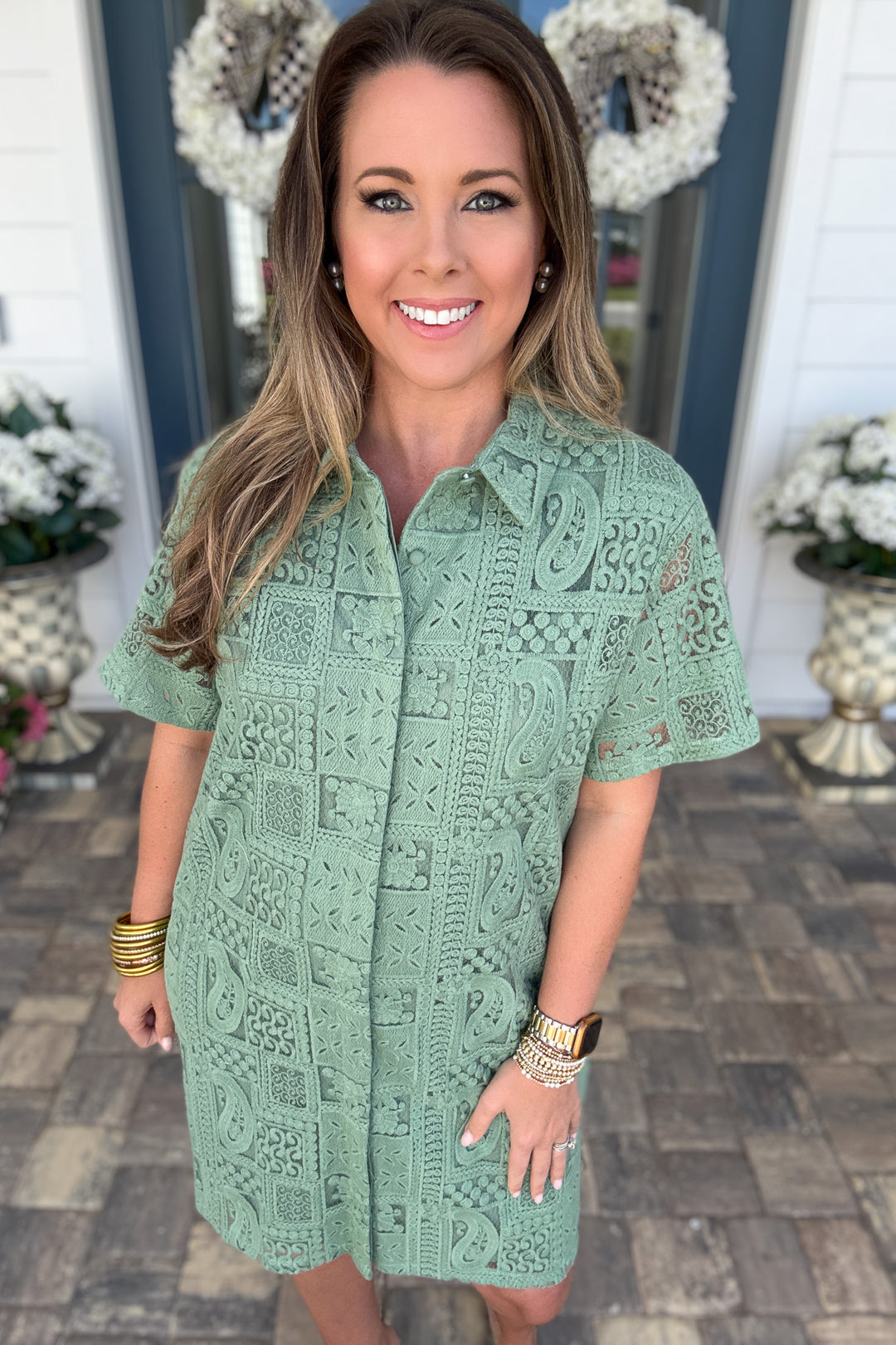 Sage Garden Textured Lace Shirt Dress