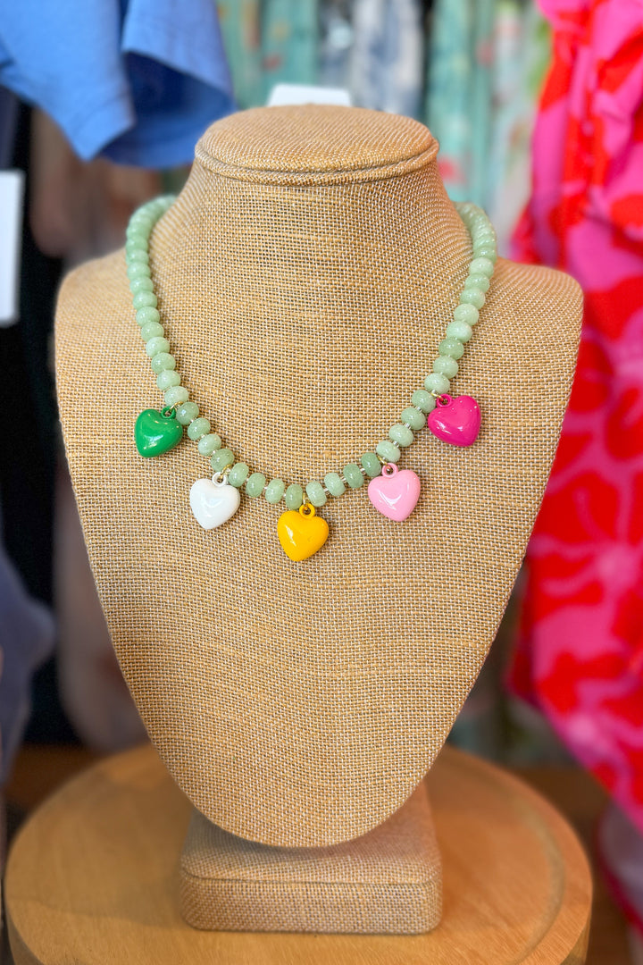 Larissa Green Beaded Necklace with Colorful Heart Charms