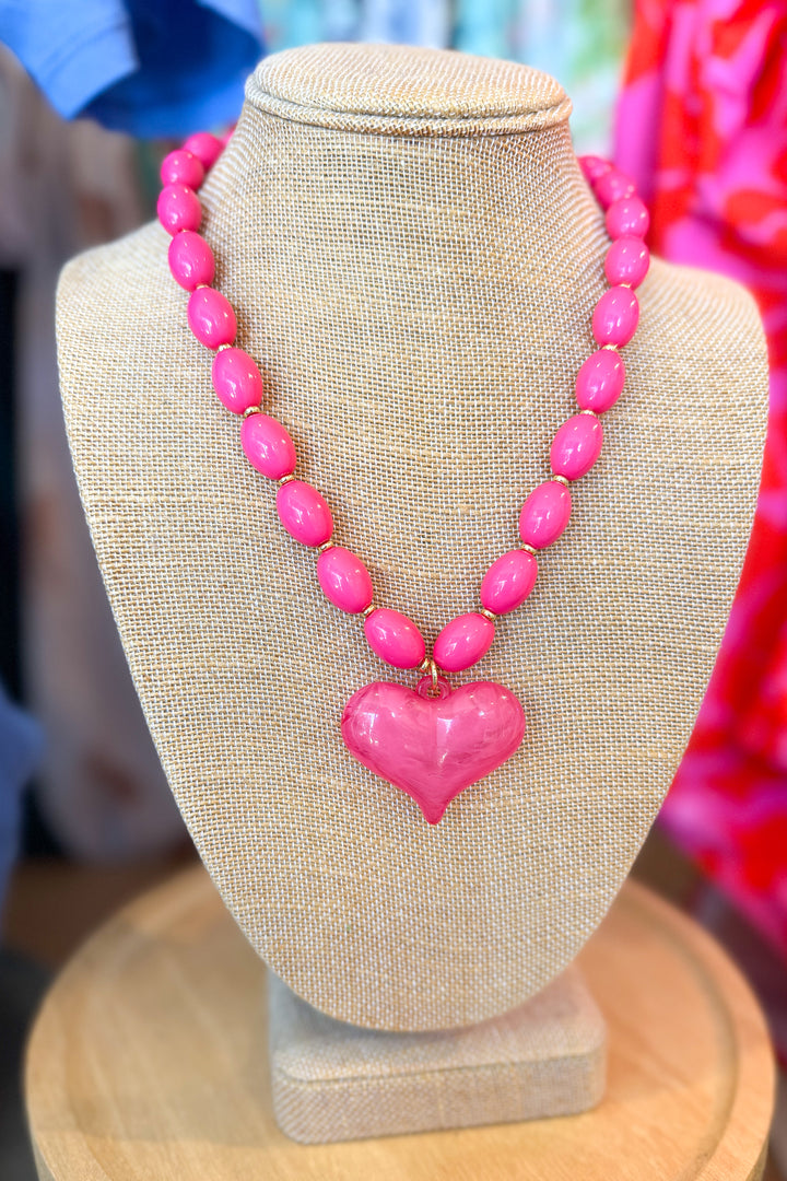 Roxie Hot Pink Beaded Necklace with Heart Charm
