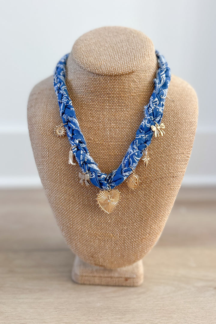 Navy HEART MULTI CHARM BRAIDED FABRIC NECKLACE