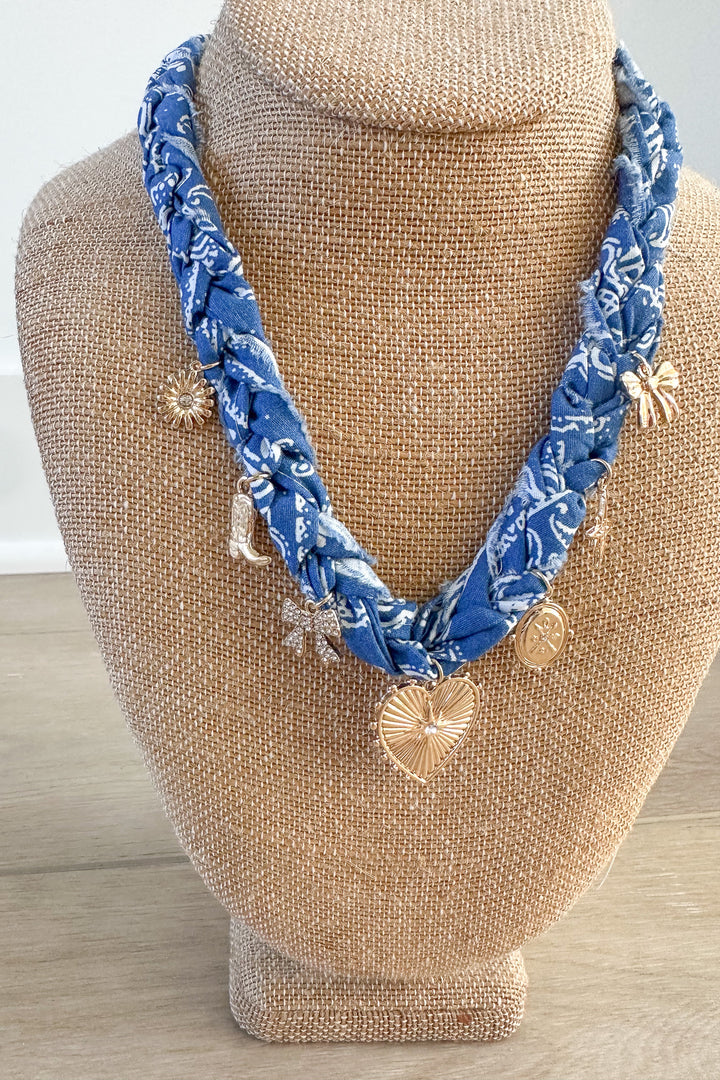 Navy HEART MULTI CHARM BRAIDED FABRIC NECKLACE